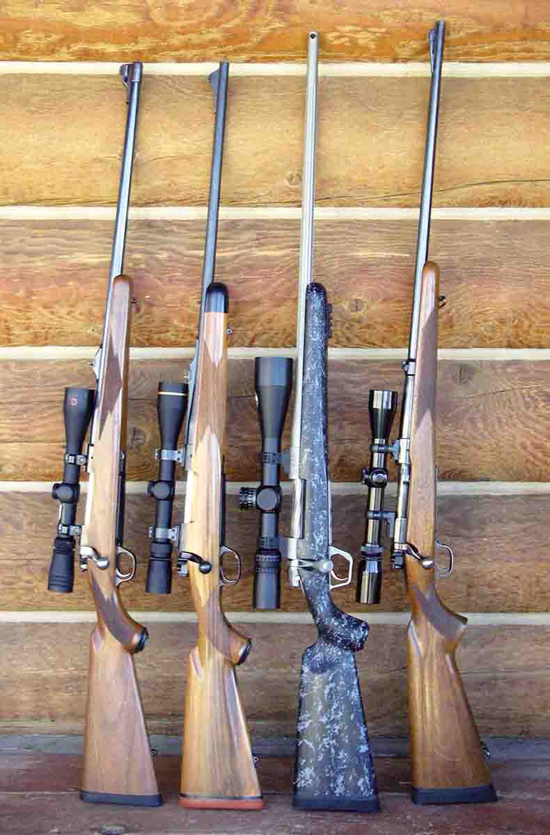Brian considers the .300 Winchester Magnum a top-notch, big-game hunting cartridge. Rifles shown include (left to right): a  Ruger M77RS MK II, Kimber BGR 89 and a Gunwerks LR-1000. The Winchester pre-’64 Model 70 .300 H&H Magnum (far right) remains a sentimental favorite.